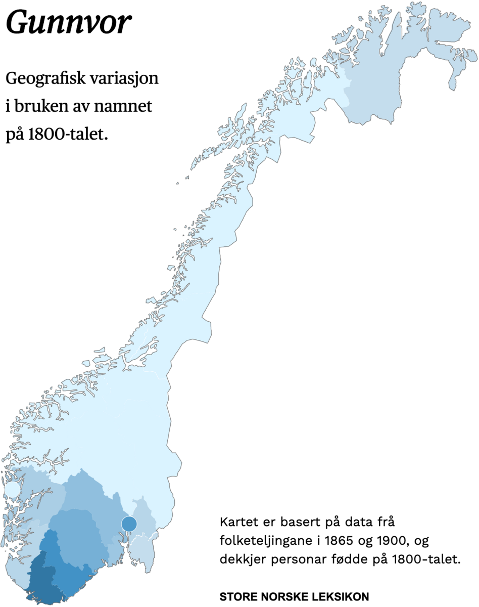 Geografisk variasjon i bruk av namnet Gunnvor på 1800-talet.