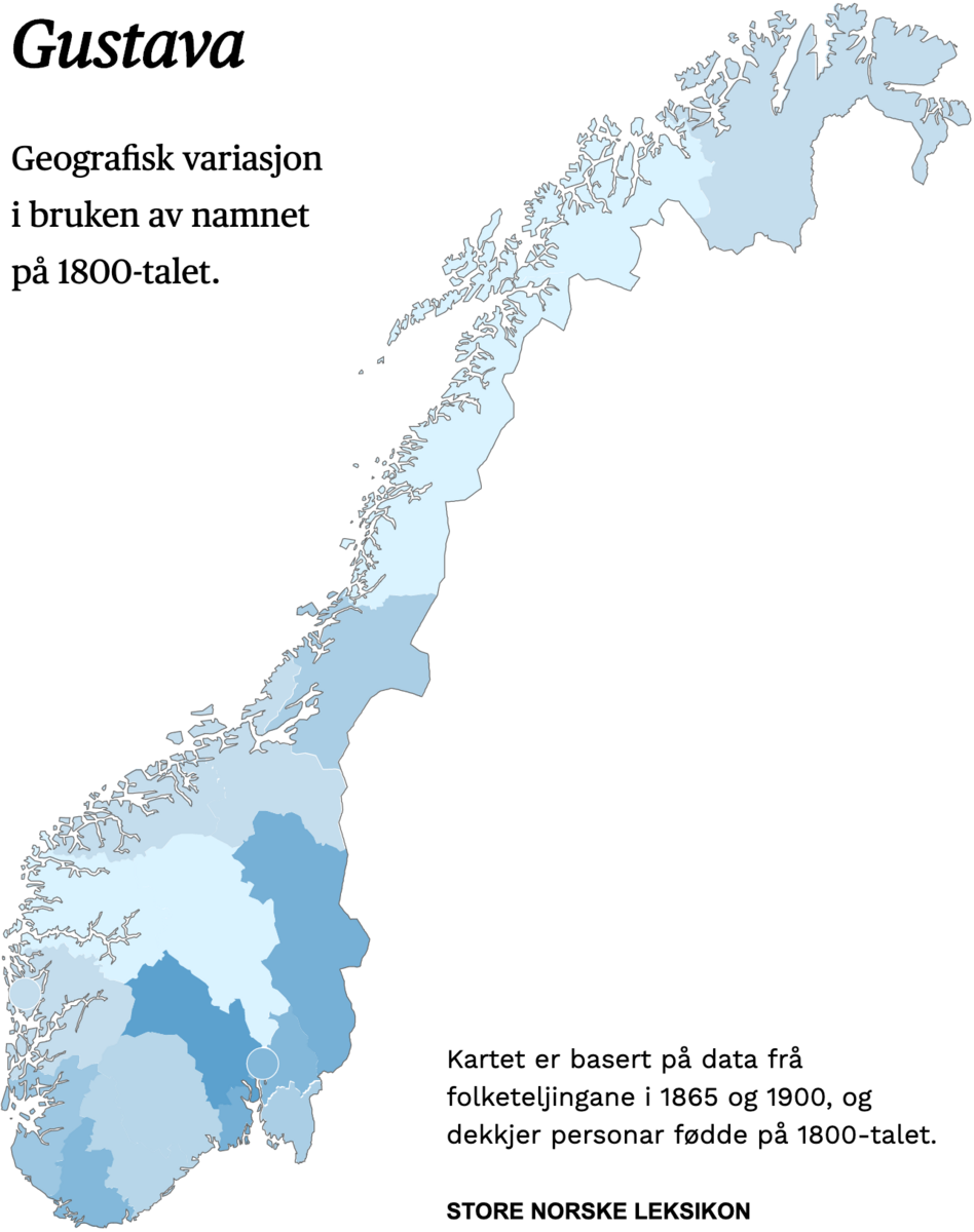 Geografisk variasjon i bruk av namnet Gustava på 1800-talet.