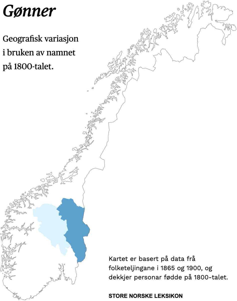 Geografisk variasjon i bruk av namnet Gønner på 1800-talet.