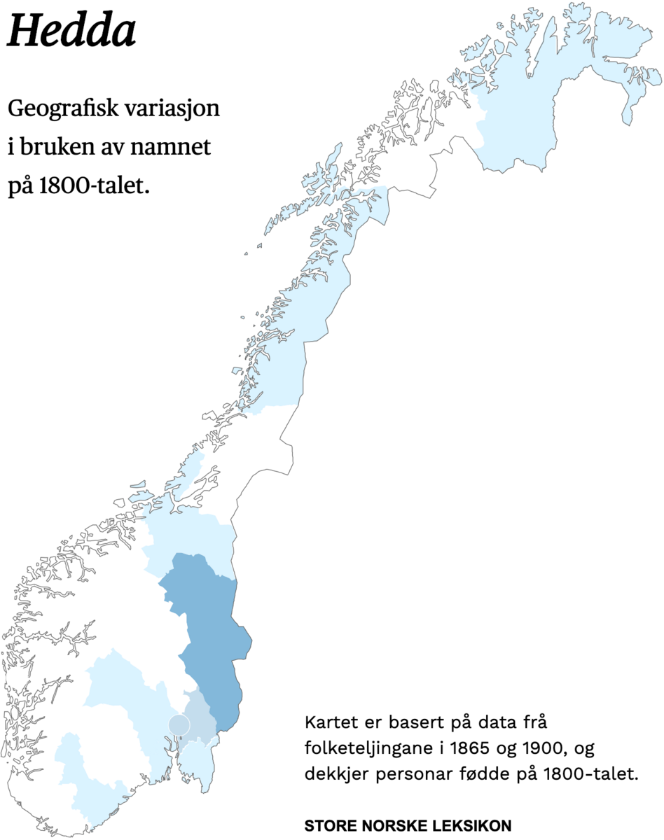 Geografisk variasjon i bruk av namnet Hedda på 1800-talet.