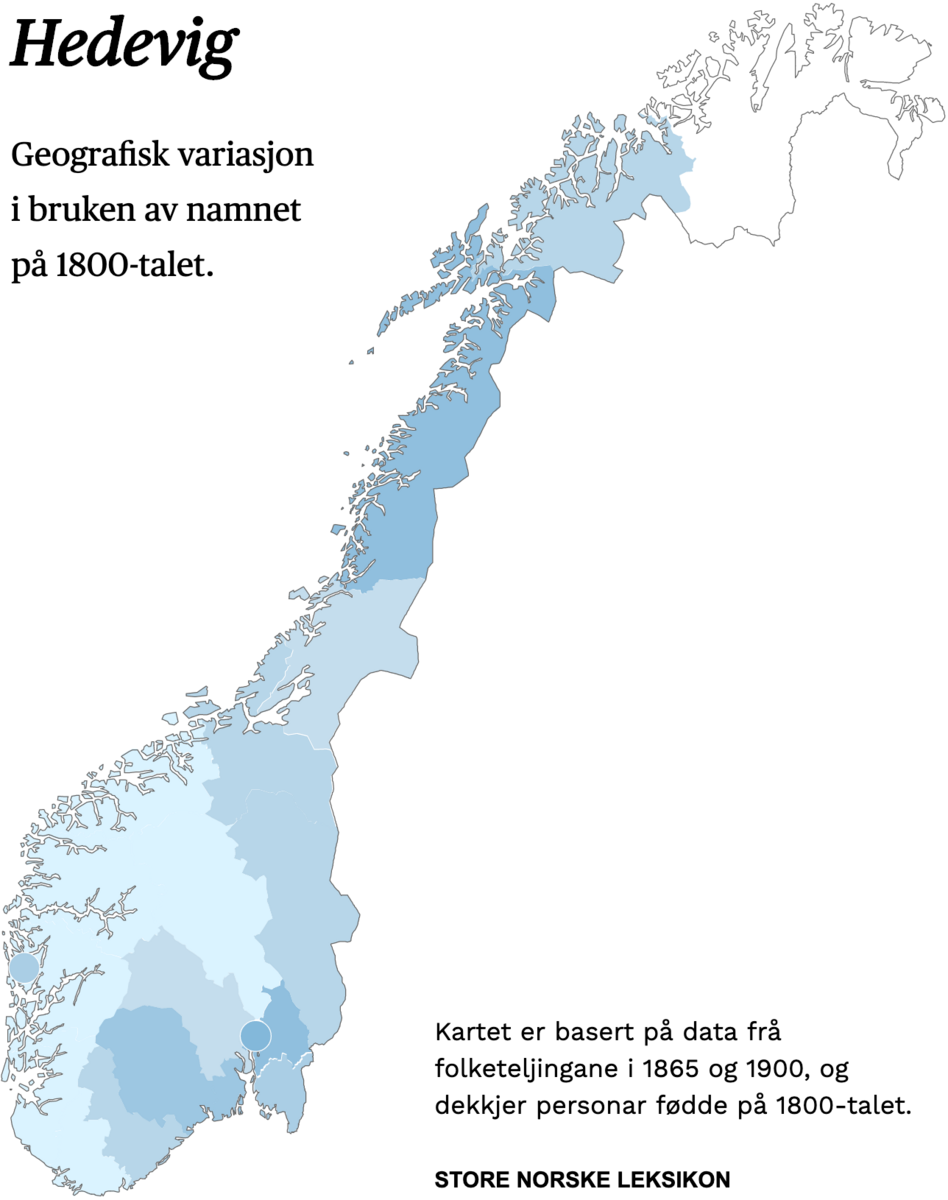 Geografisk variasjon i bruk av namnet Hedevig på 1800-talet.