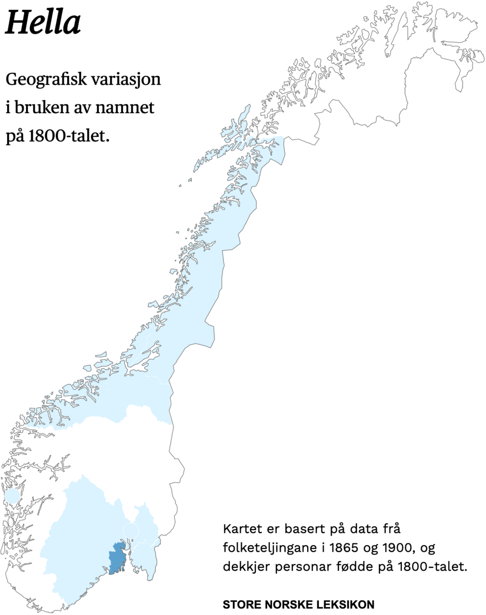 Geografisk variasjon i bruk av namnet Hella på 1800-talet.
