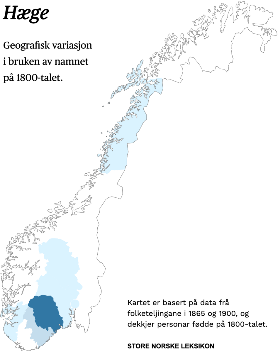 Geografisk variasjon i bruk av namnet Hæge på 1800-talet.