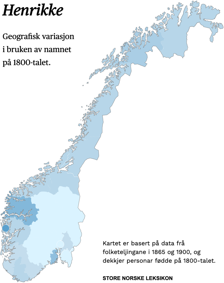 Geografisk variasjon i bruk av namnet Henrikke på 1800-talet.