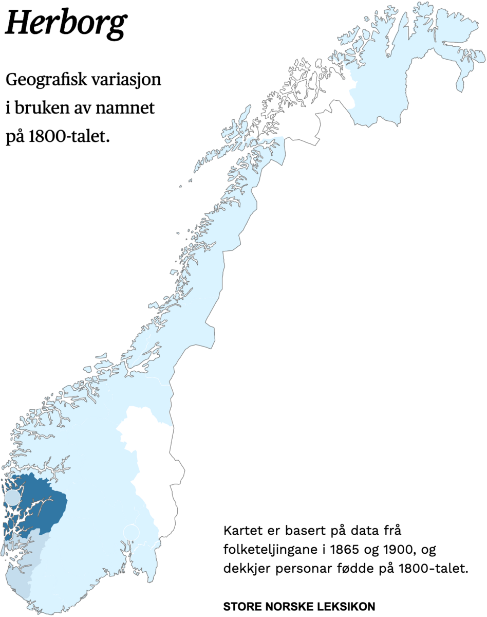 Geografisk variasjon i bruk av namnet Herborg på 1800-talet.