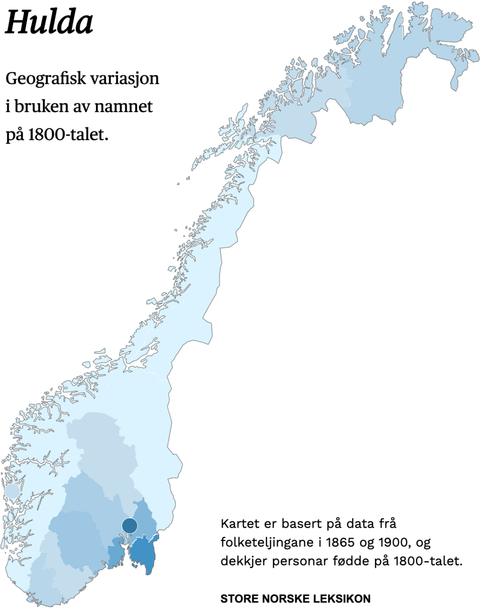 Geografisk variasjon i bruk av namnet Hulda på 1800-talet.