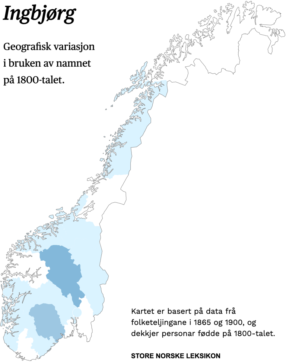 Geografisk variasjon i bruk av namnet Ingbjørg på 1800-talet.