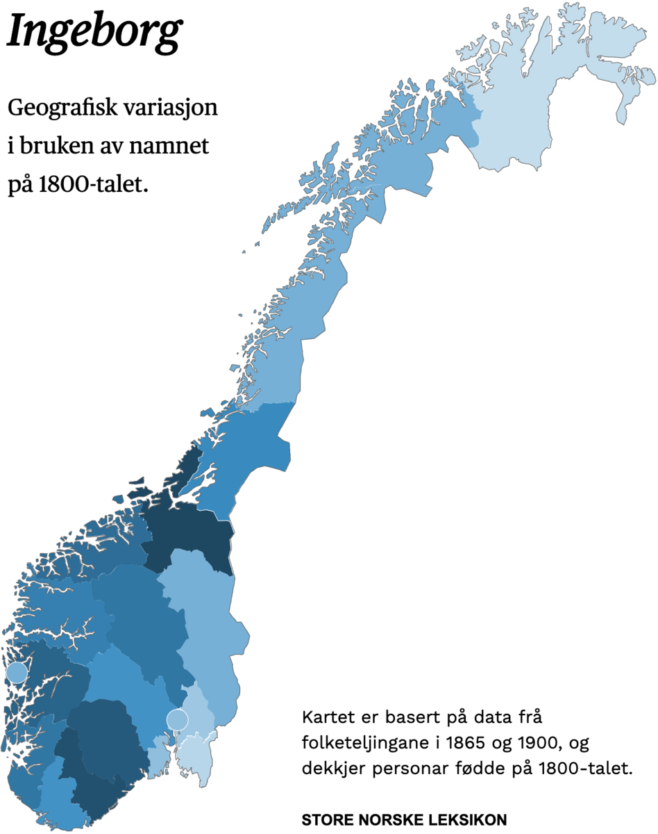 Geografisk variasjon i bruk av namnet Ingeborg på 1800-talet.