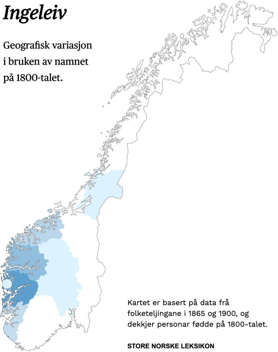 Geografisk variasjon i bruk av namnet Ingeleiv på 1800-talet.