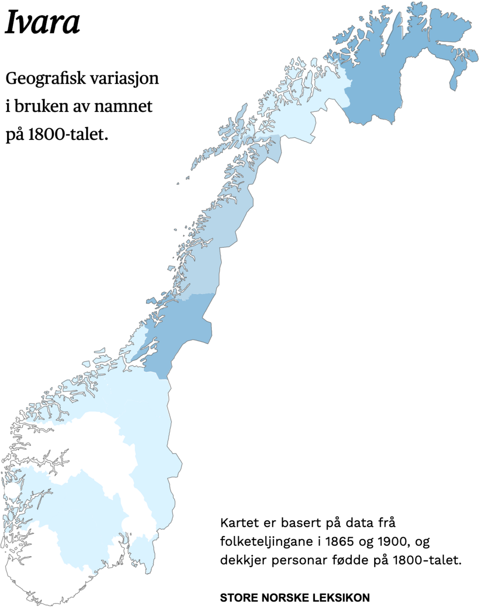Geografisk variasjon i bruk av namnet Ivara på 1800-talet.