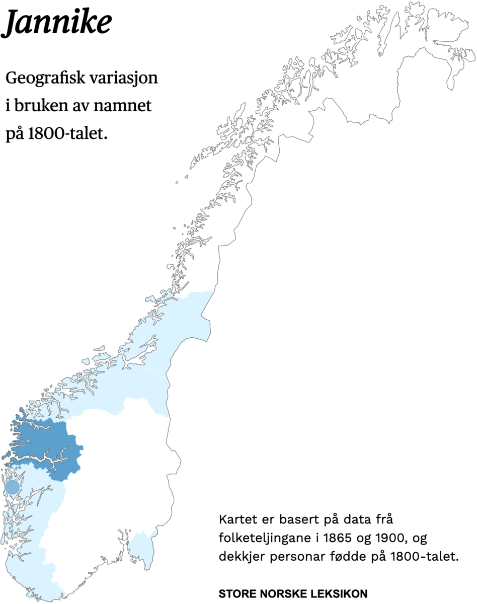 Geografisk variasjon i bruk av namnet Jannike på 1800-talet.
