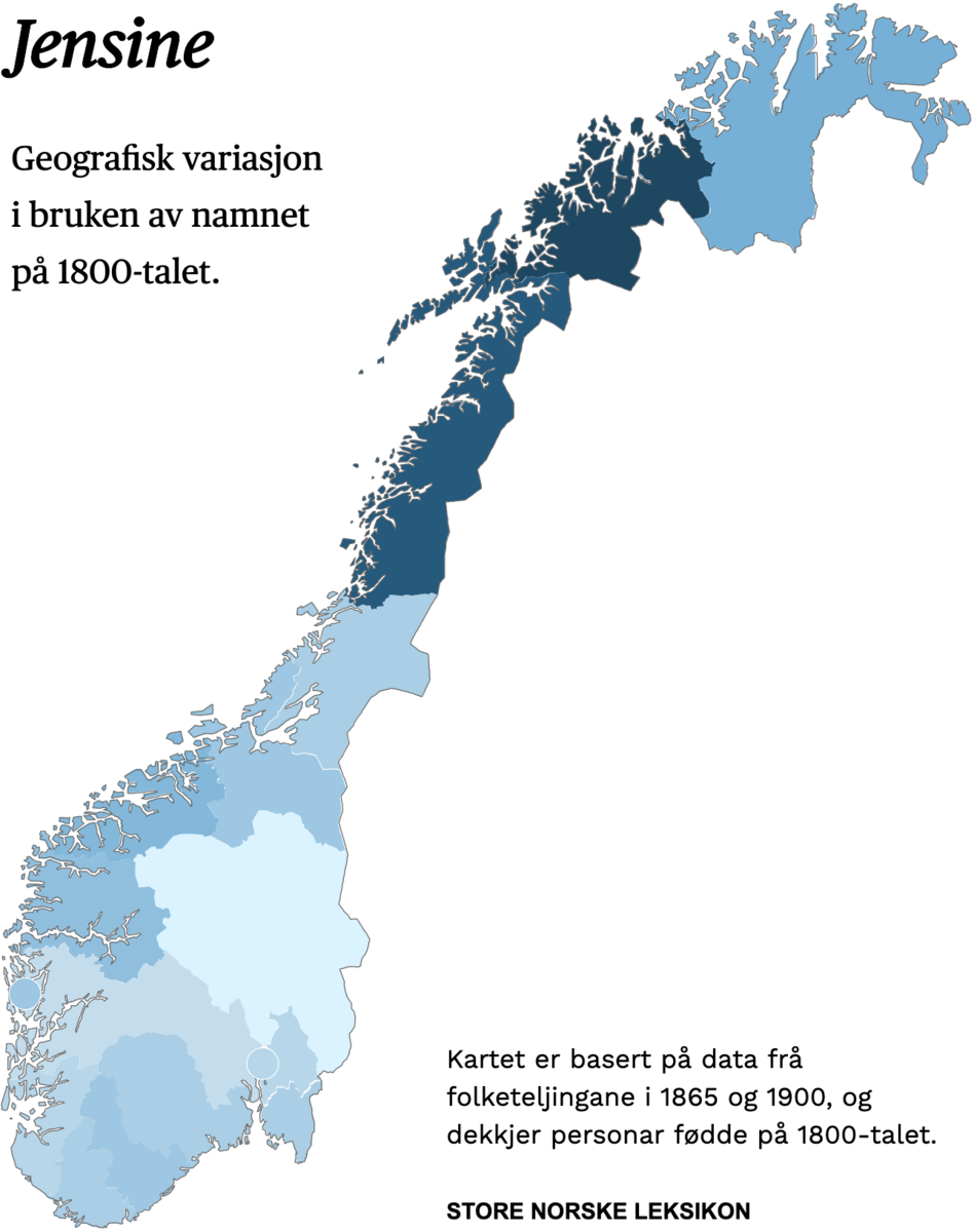 Geografisk variasjon i bruk av namnet Jensine på 1800-talet.