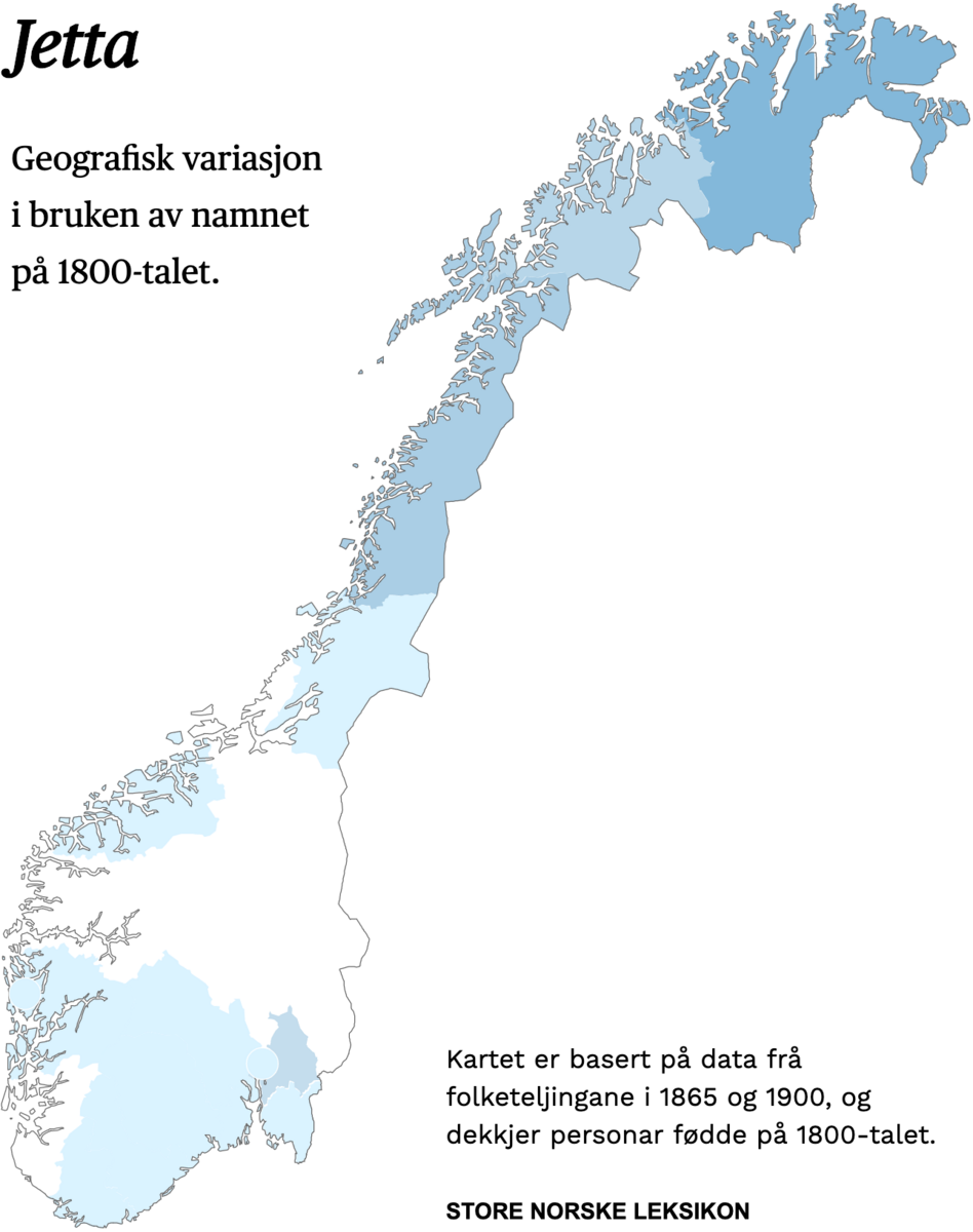 Geografisk variasjon i bruk av namnet Jetta på 1800-talet.