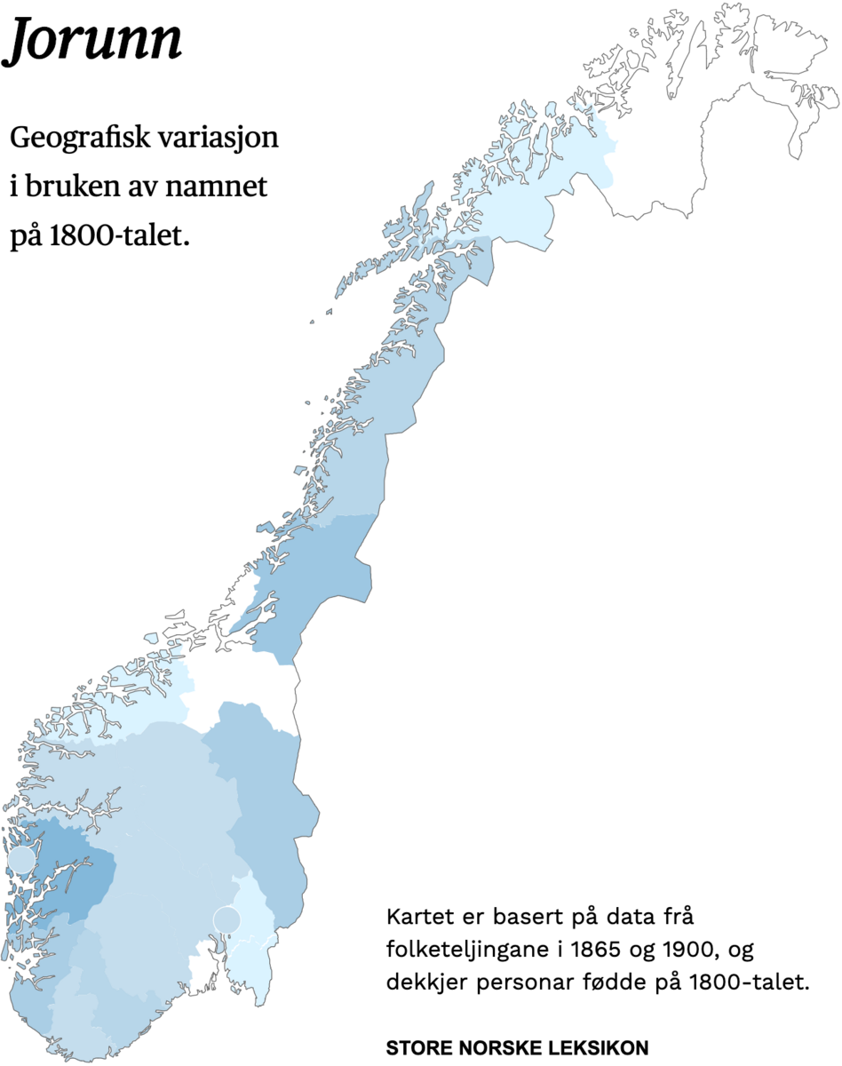 Geografisk variasjon i bruk av namnet Jorunn på 1800-talet.