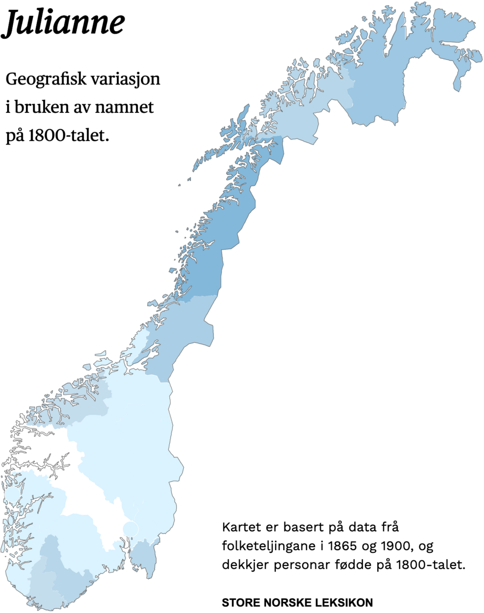 Geografisk variasjon i bruk av namnet Julianne på 1800-talet.