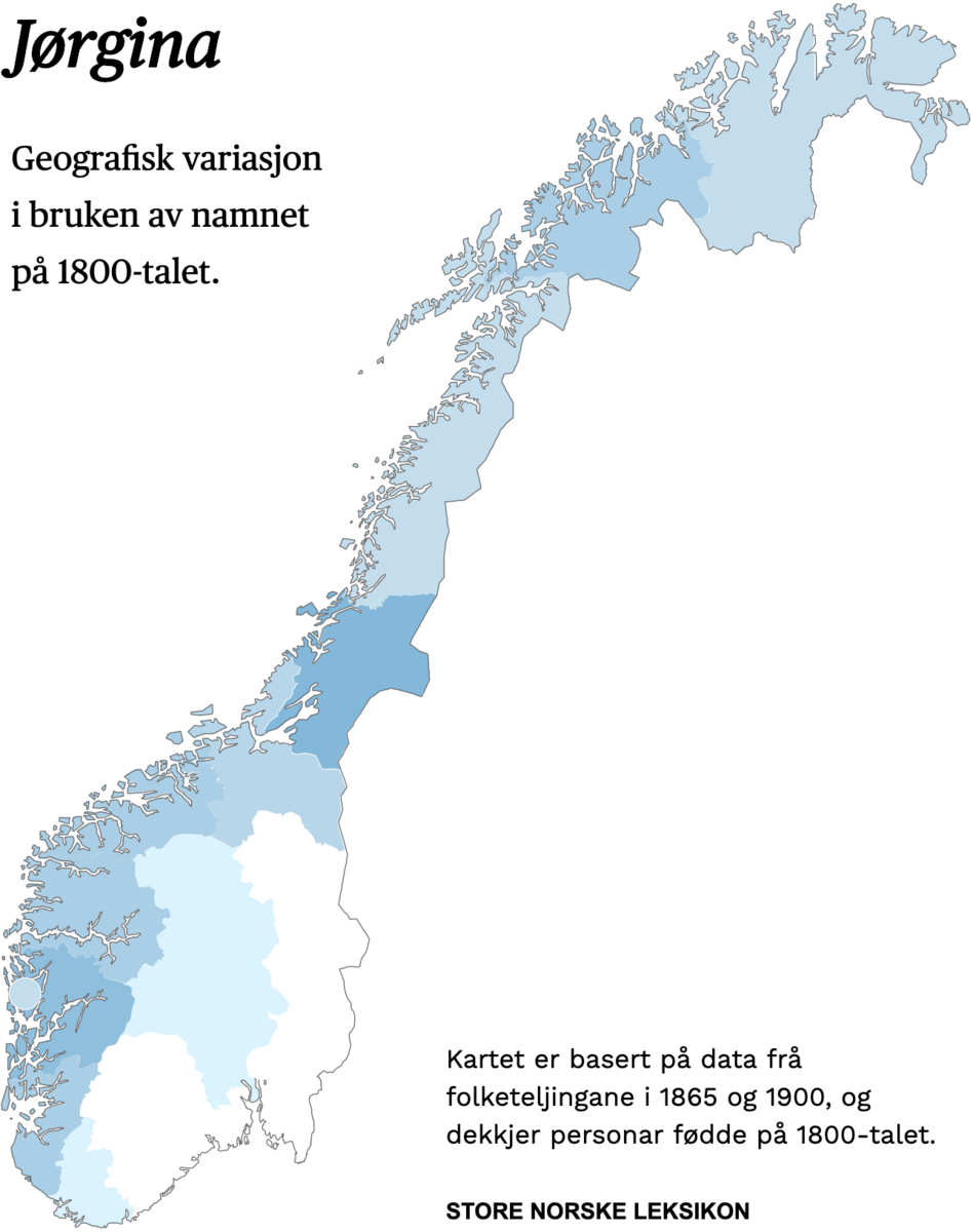 Geografisk variasjon i bruk av namnet Jørgina på 1800-talet.
