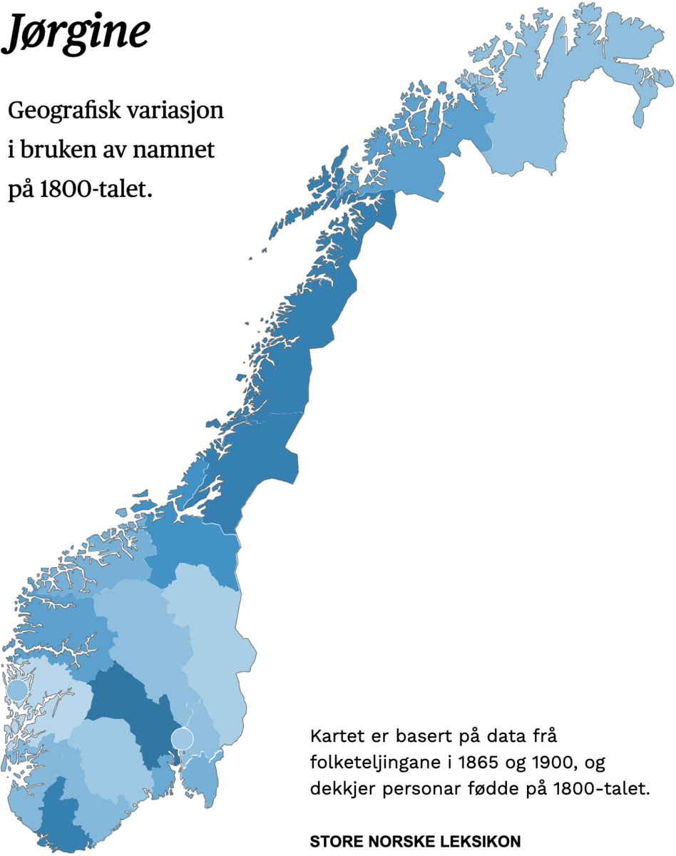 Geografisk variasjon i bruk av namnet Jørgine på 1800-talet.