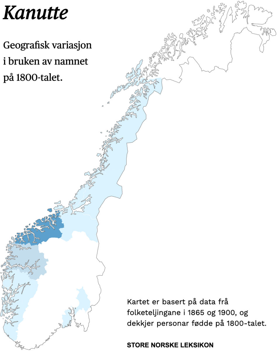 Geografisk variasjon i bruk av namnet Kanutte på 1800-talet.