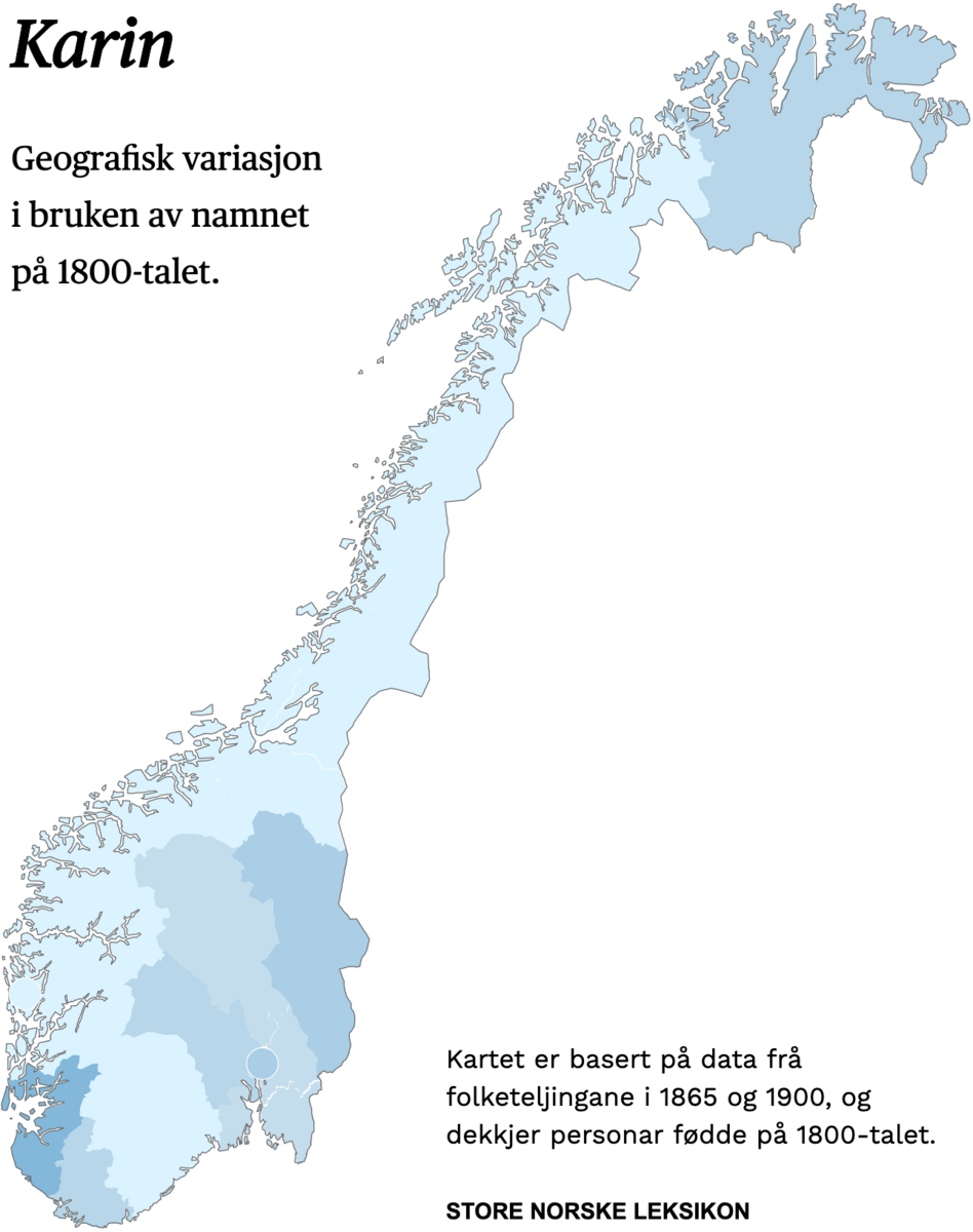 Geografisk variasjon i bruk av namnet Karin på 1800-talet.