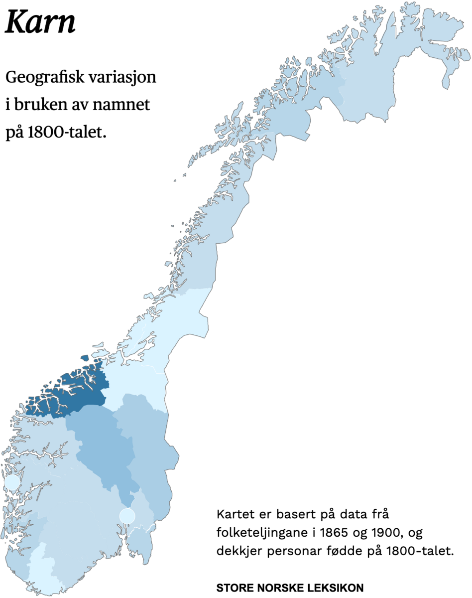 Geografisk variasjon i bruk av namnet Karn på 1800-talet.
