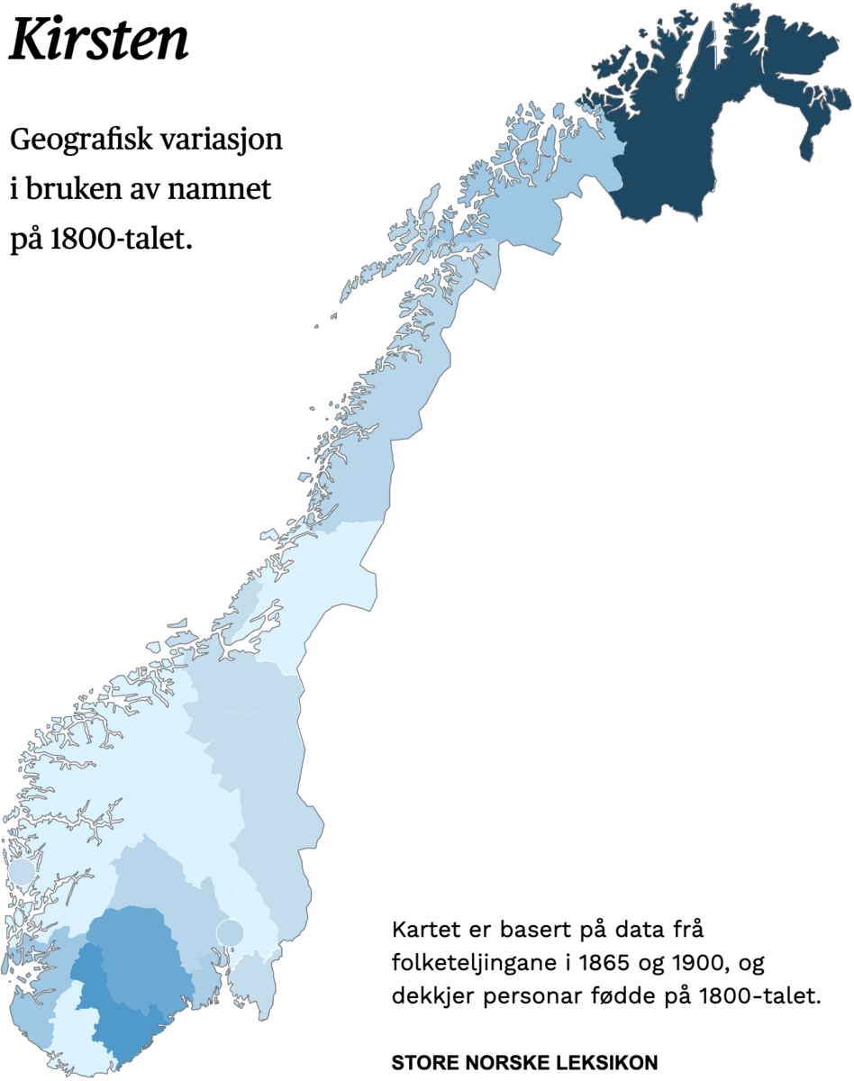 Geografisk variasjon i bruk av namnet Kirsten på 1800-talet.