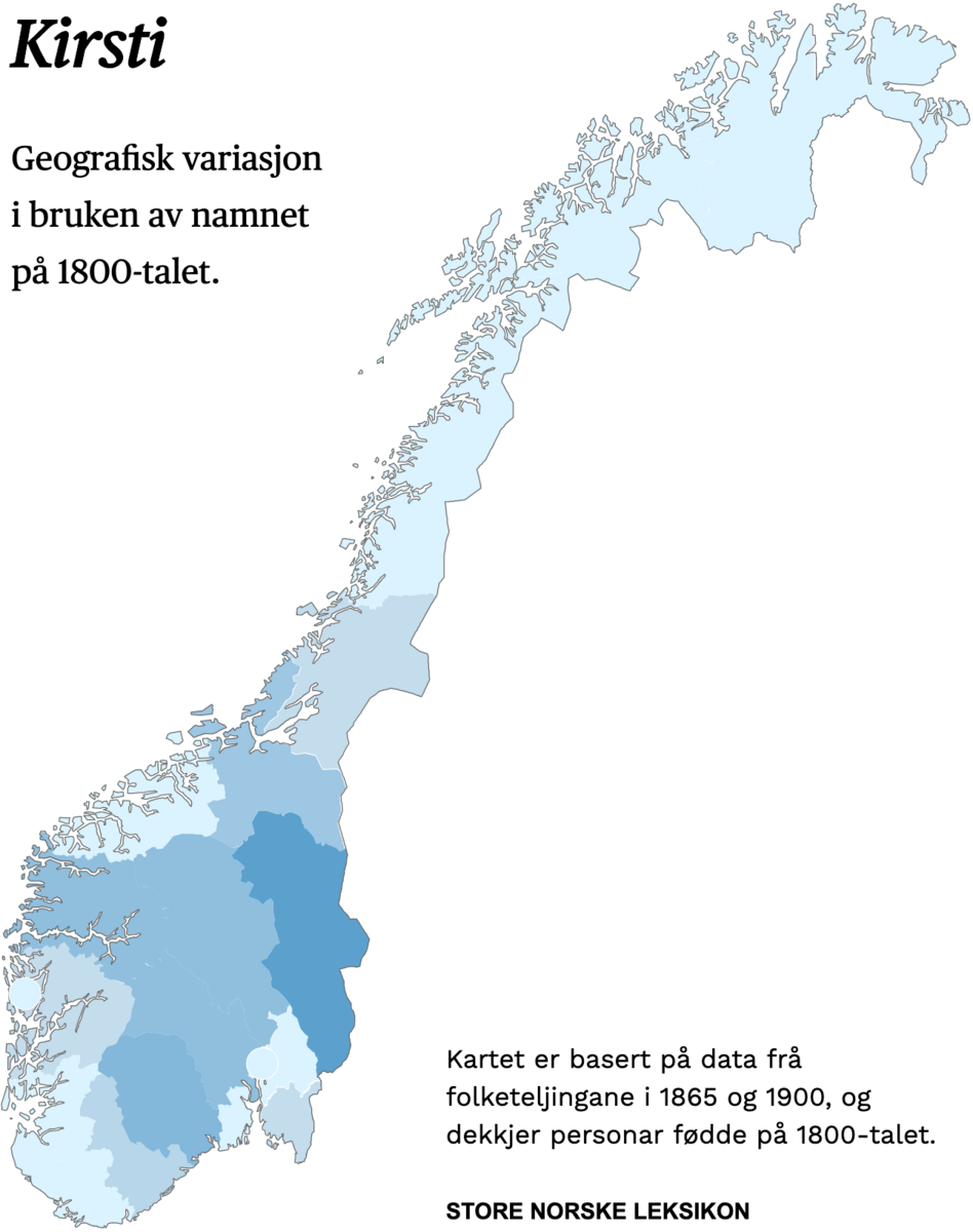 Geografisk variasjon i bruk av namnet Kirsti på 1800-talet.