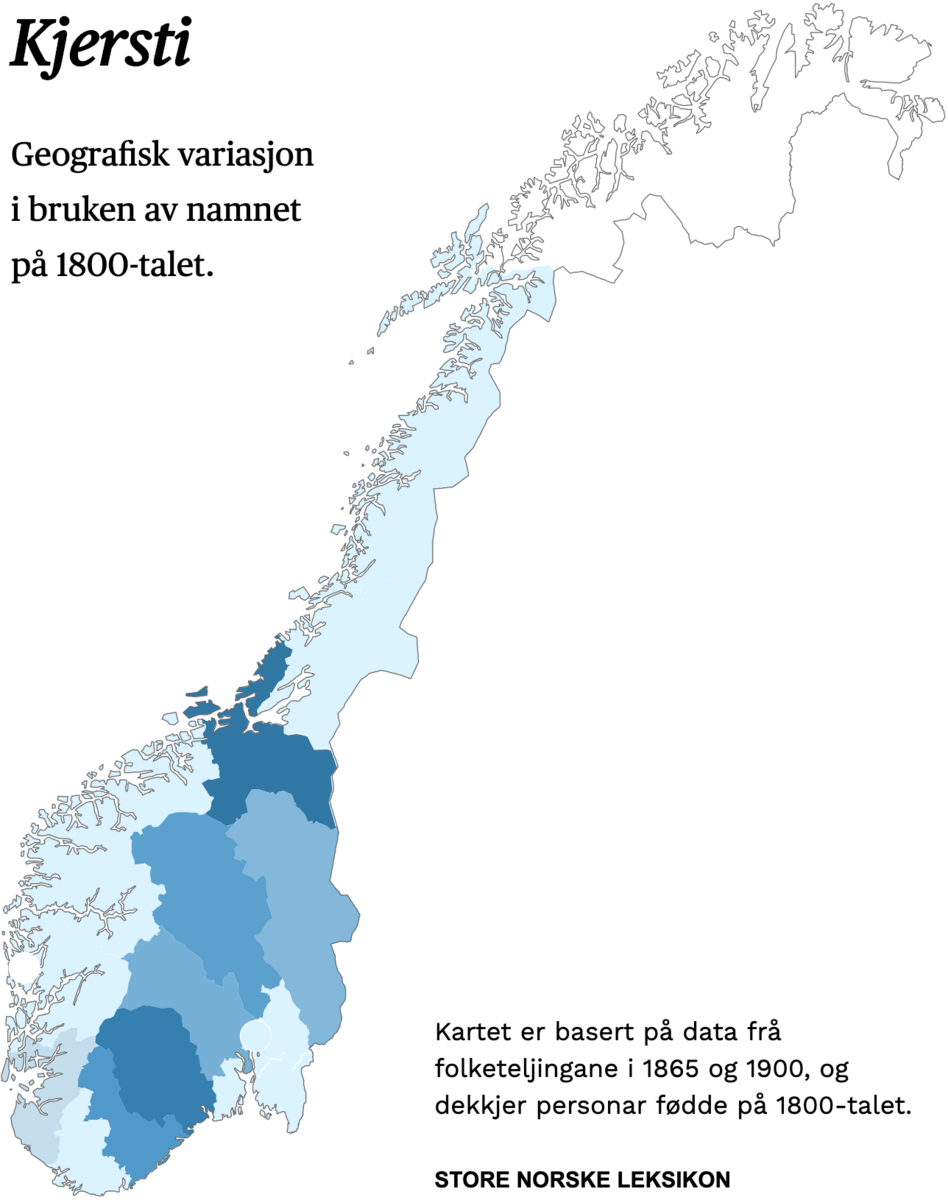 Geografisk variasjon i bruk av namnet Kjersti på 1800-talet.