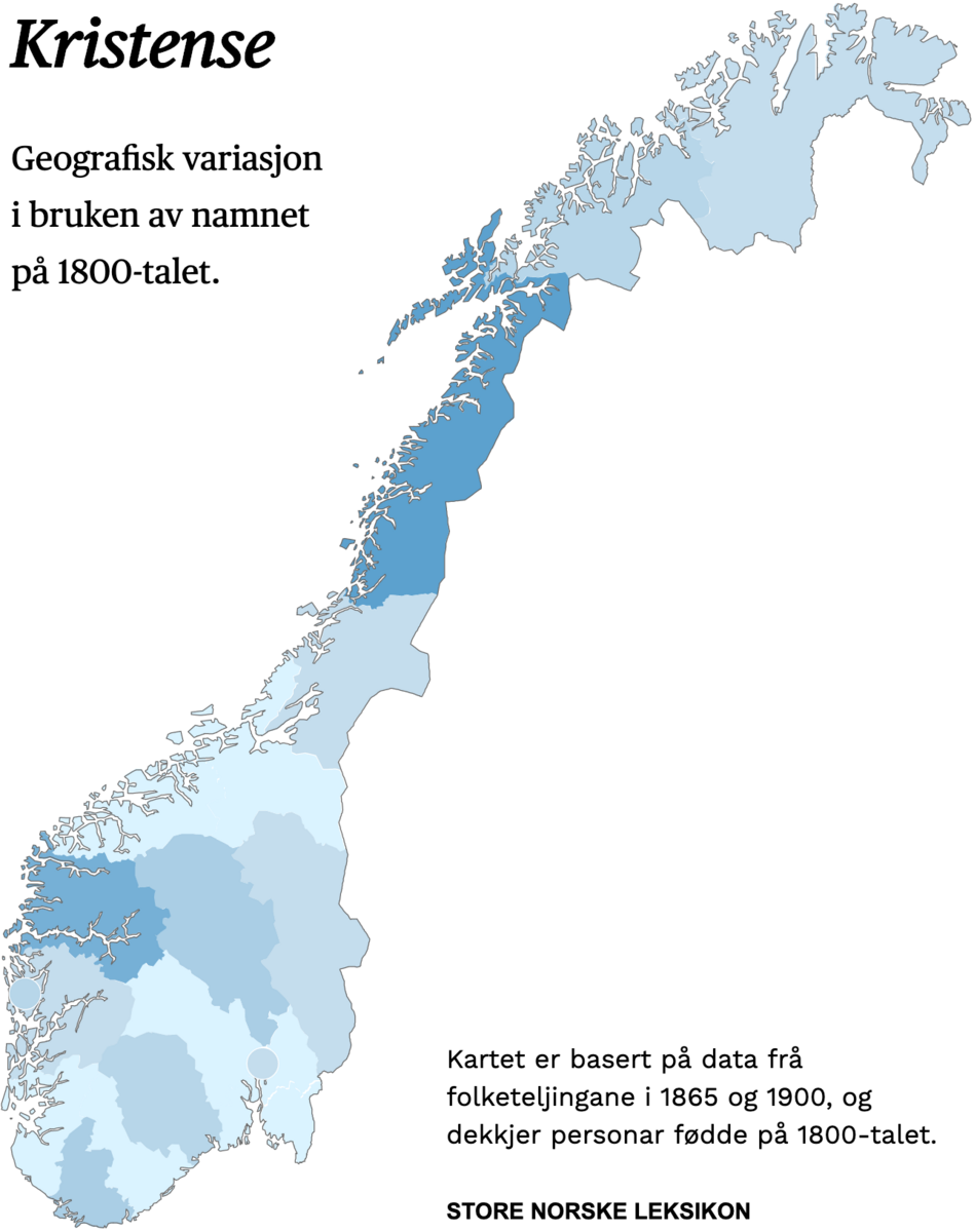 Geografisk variasjon i bruk av namnet Kristense på 1800-talet.