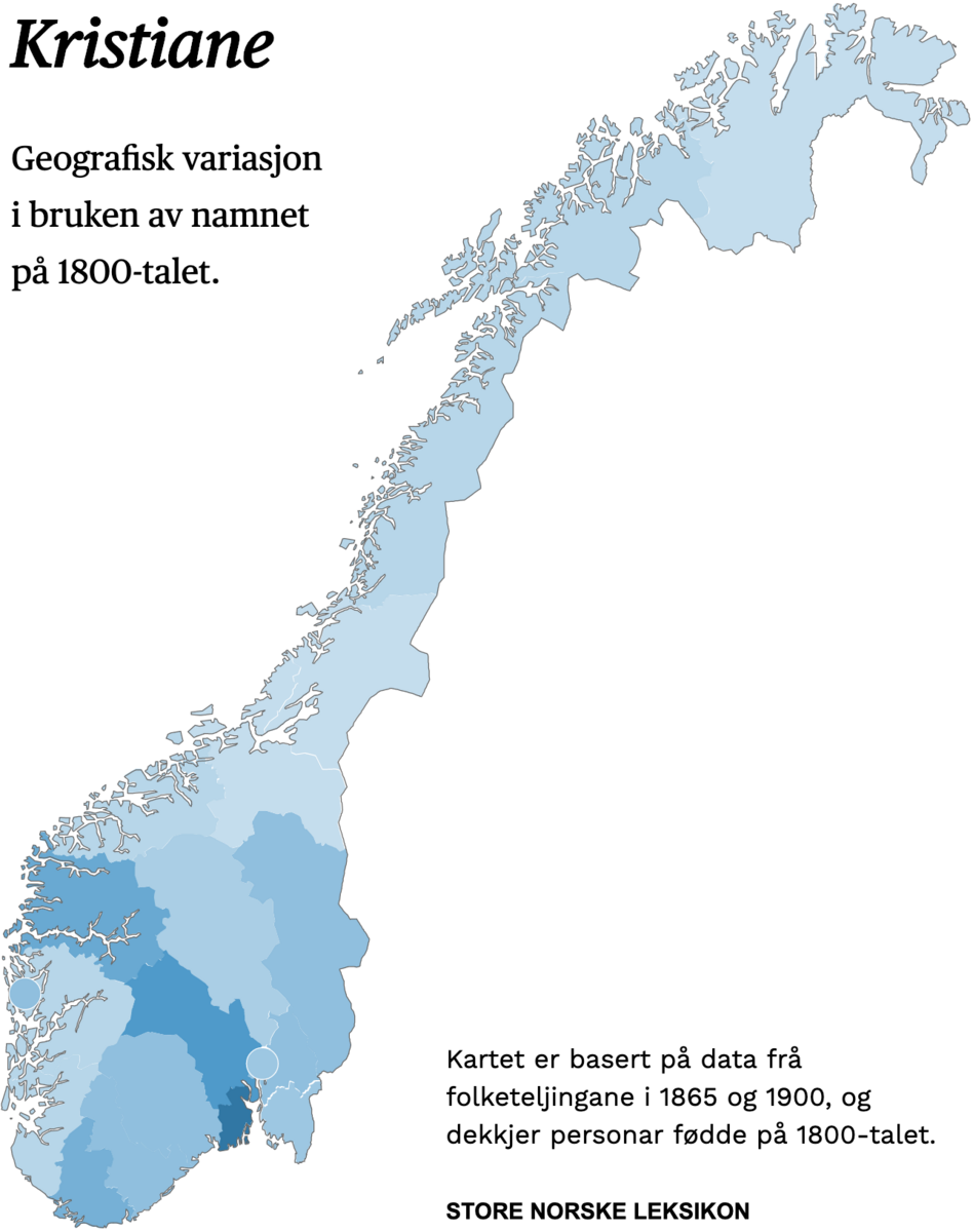 Geografisk variasjon i bruk av namnet Kristiane på 1800-talet.