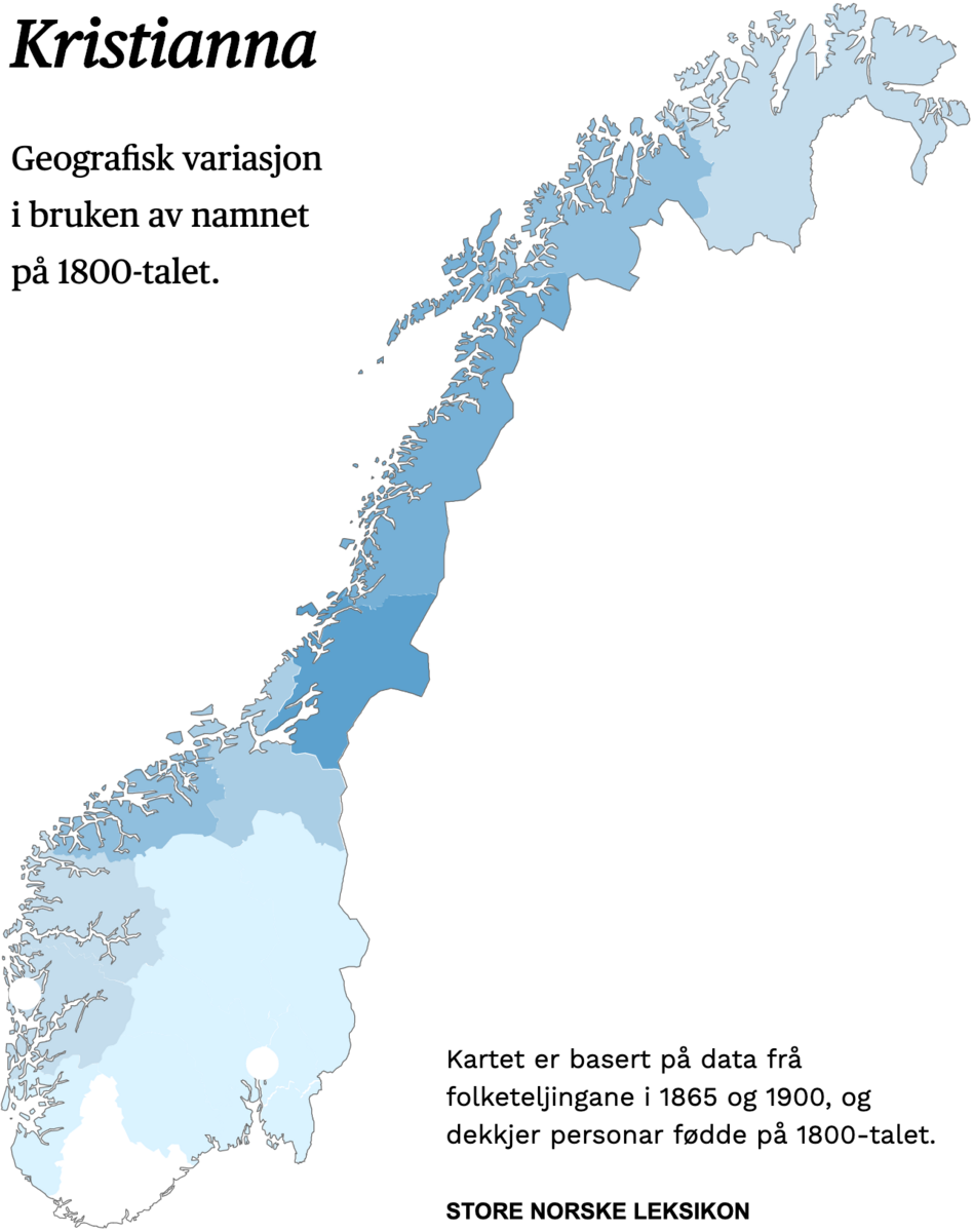 Geografisk variasjon i bruk av namnet Kristianna på 1800-talet.