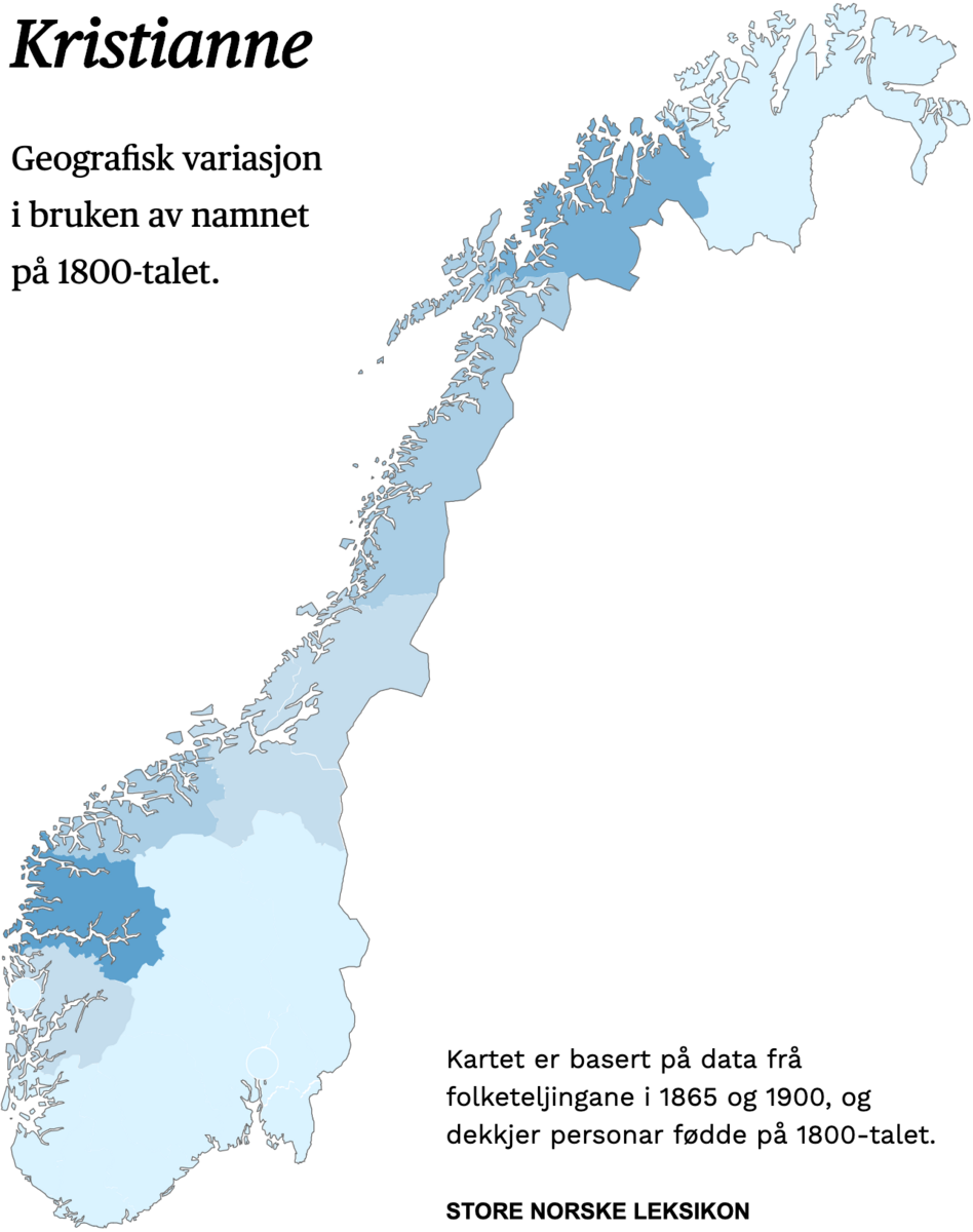 Geografisk variasjon i bruk av namnet Kristianne på 1800-talet.
