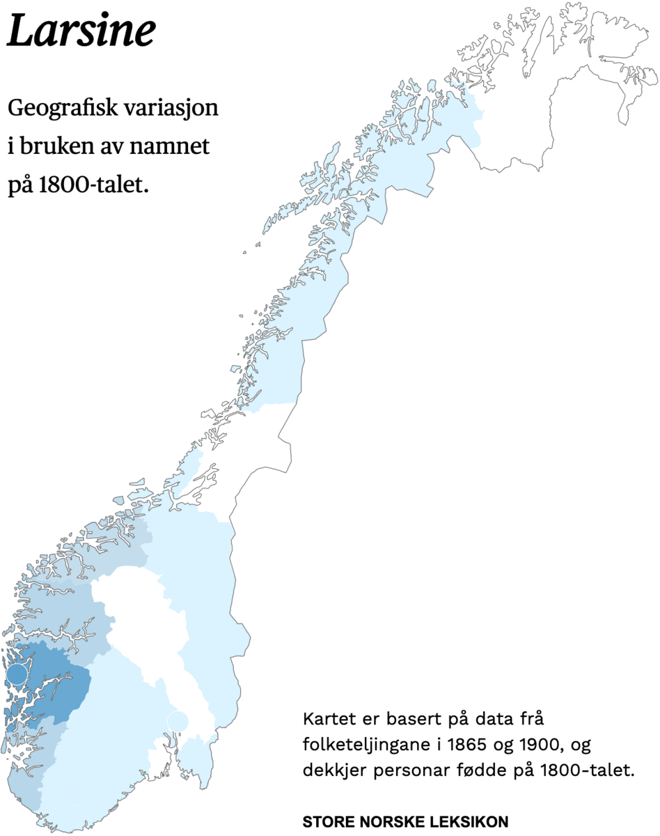 Geografisk variasjon i bruk av namnet Larsine på 1800-talet.