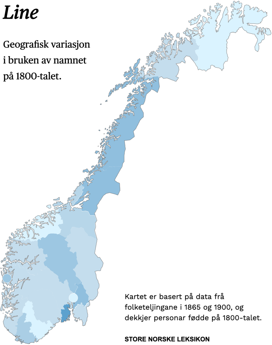 Geografisk variasjon i bruk av namnet Line på 1800-talet.
