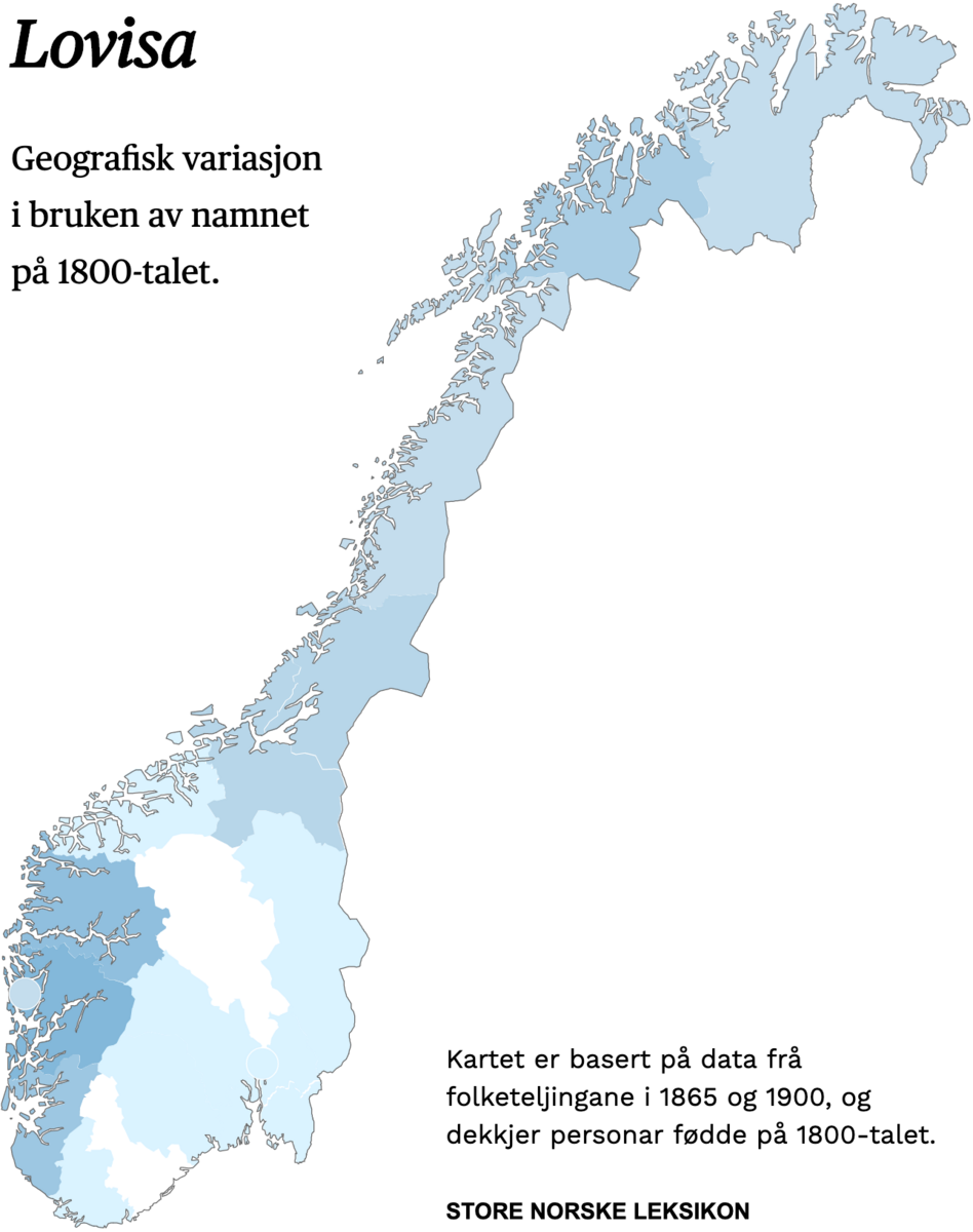 Geografisk variasjon i bruk av namnet Lovisa på 1800-talet.