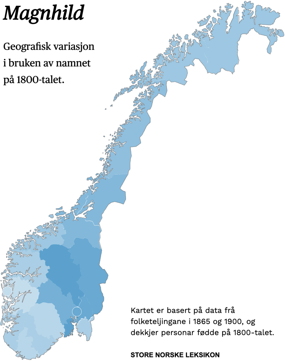 Geografisk variasjon i bruk av namnet Magnhild på 1800-talet.