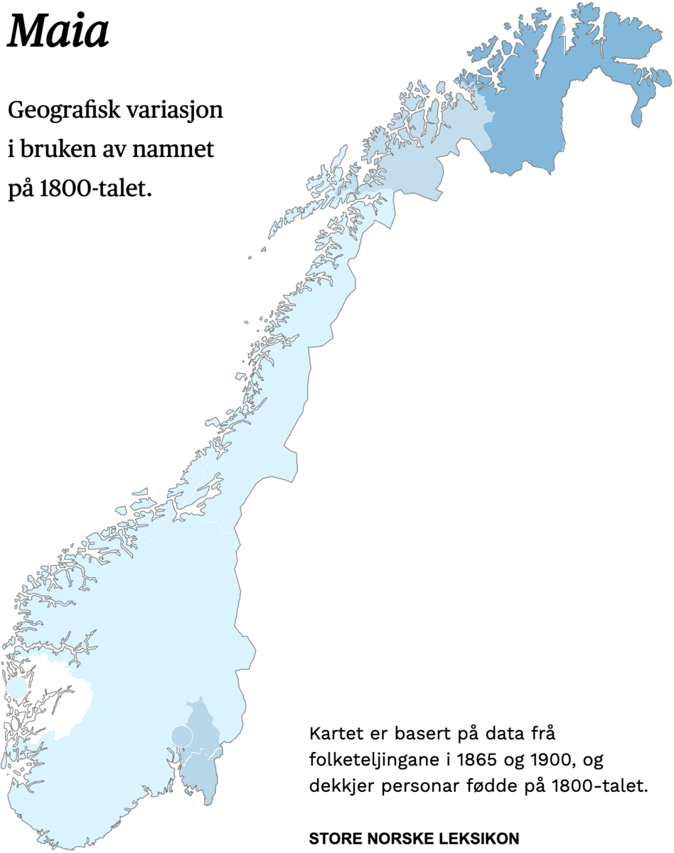 Geografisk variasjon i bruk av namnet Maia på 1800-talet.