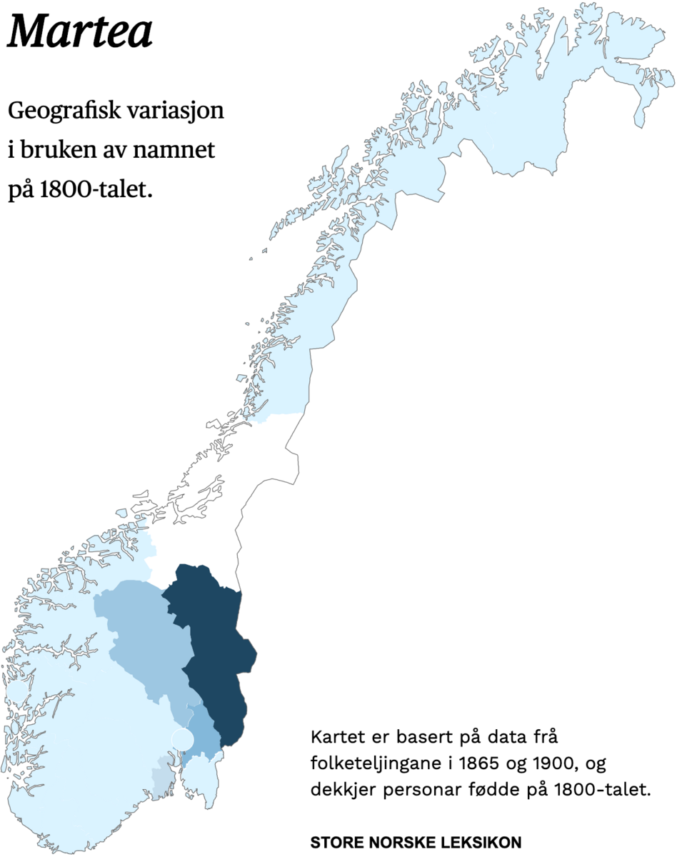 Geografisk variasjon i bruk av namnet Martea på 1800-talet.