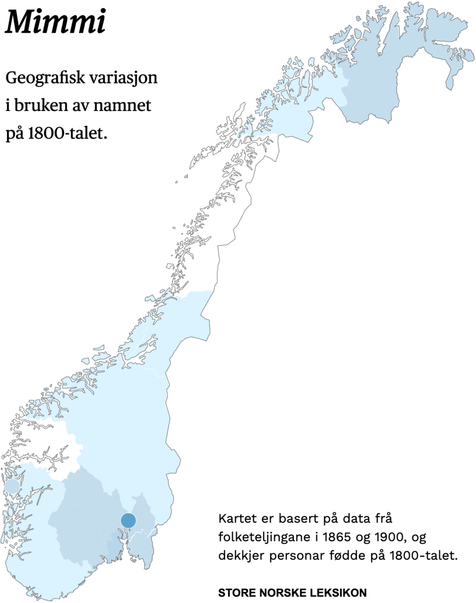 Geografisk variasjon i bruk av namnet Mimmi på 1800-talet.