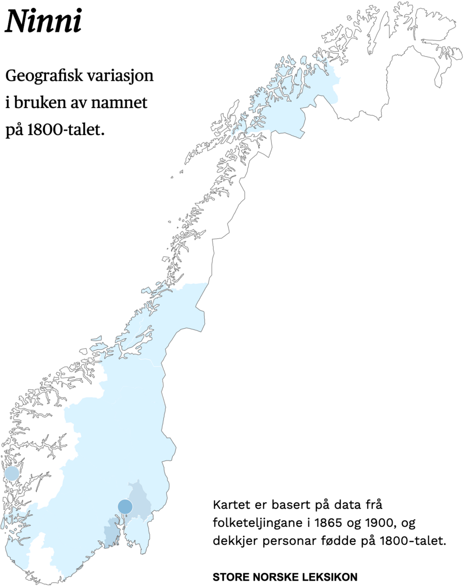 Geografisk variasjon i bruk av namnet Ninni på 1800-talet.