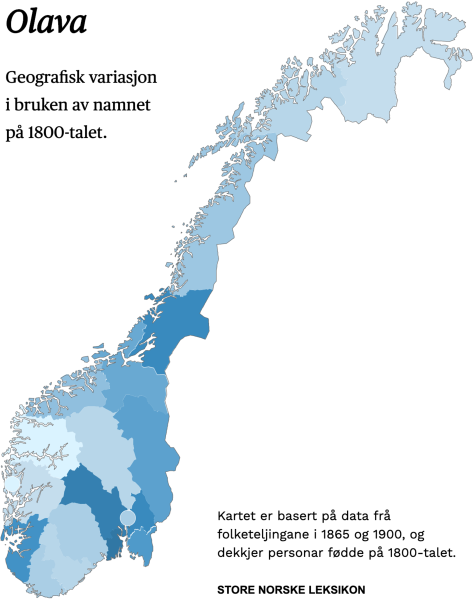 Geografisk variasjon i bruk av namnet Olava på 1800-talet.
