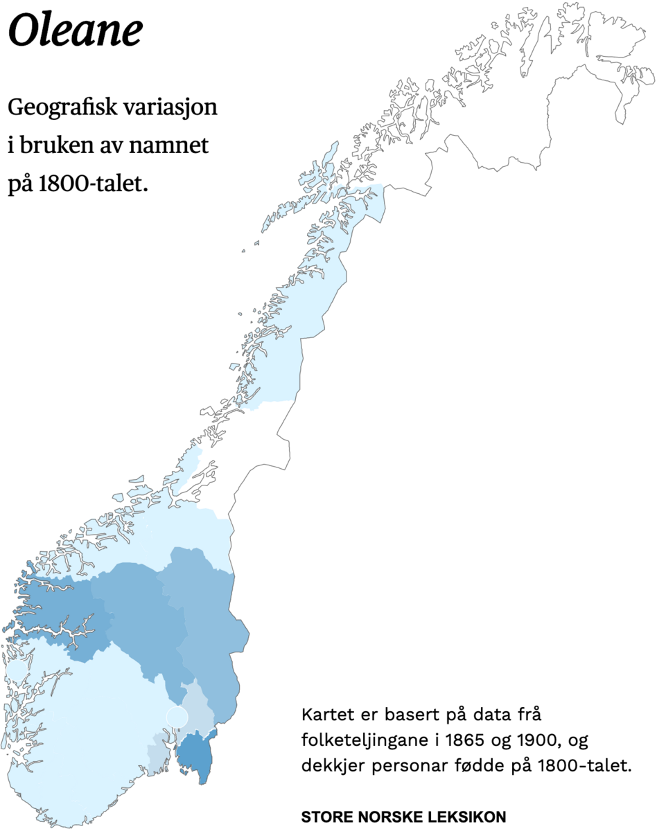 Geografisk variasjon i bruk av namnet Oleane på 1800-talet.