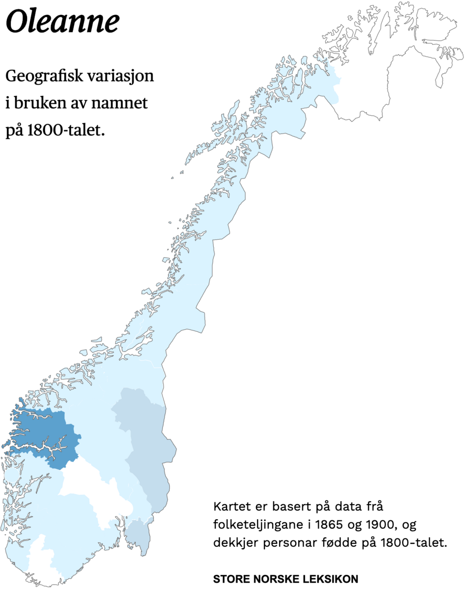 Geografisk variasjon i bruk av namnet Oleanne på 1800-talet.