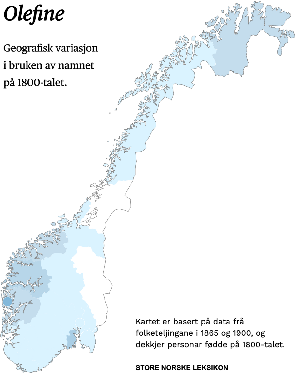 Geografisk variasjon i bruk av namnet Olefine på 1800-talet.
