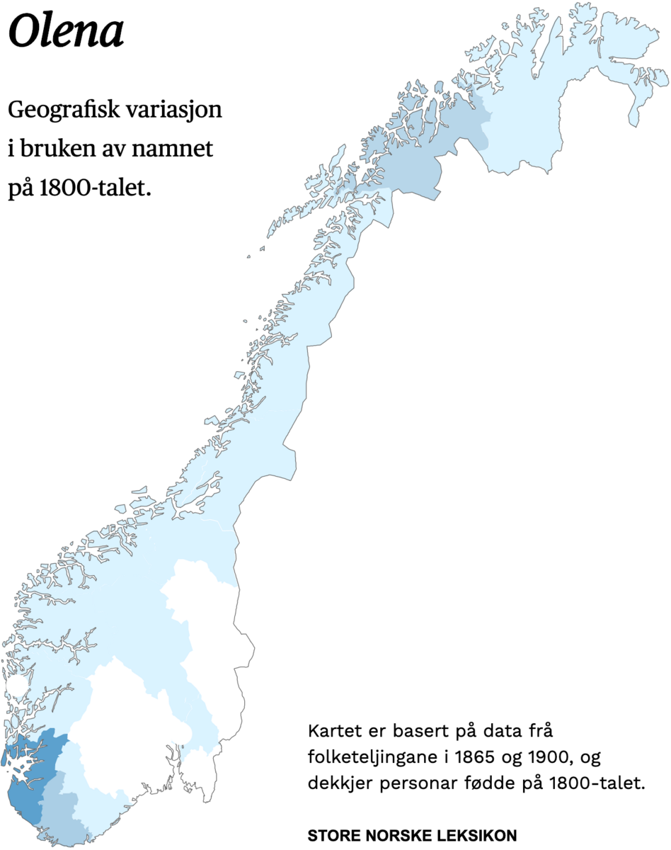 Geografisk variasjon i bruk av namnet Olena på 1800-talet.
