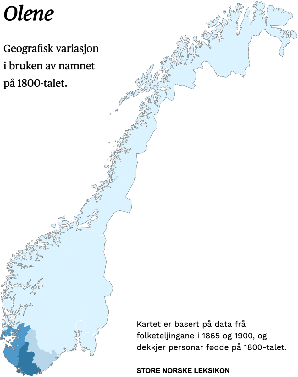 Geografisk variasjon i bruk av namnet Olene på 1800-talet.