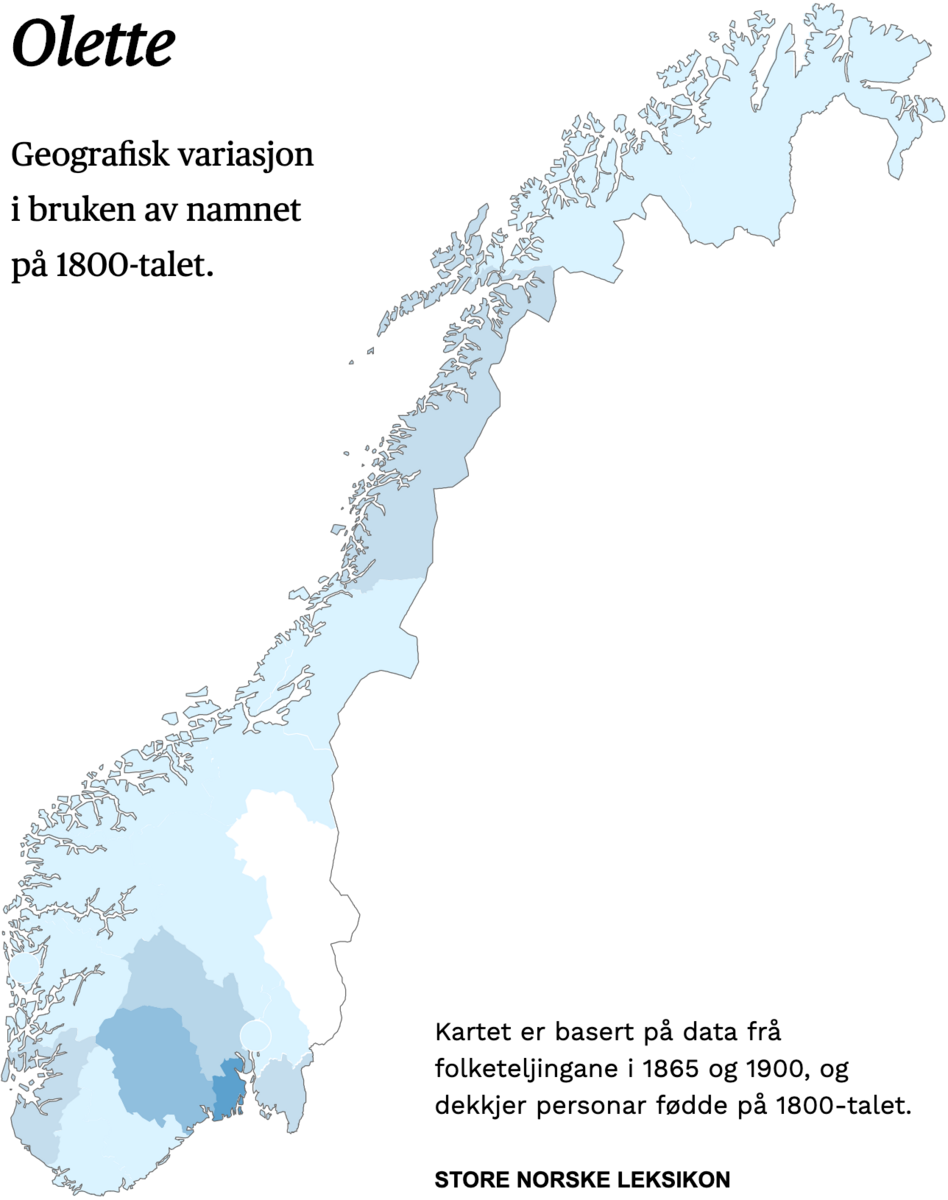 Geografisk variasjon i bruk av namnet Olette på 1800-talet.