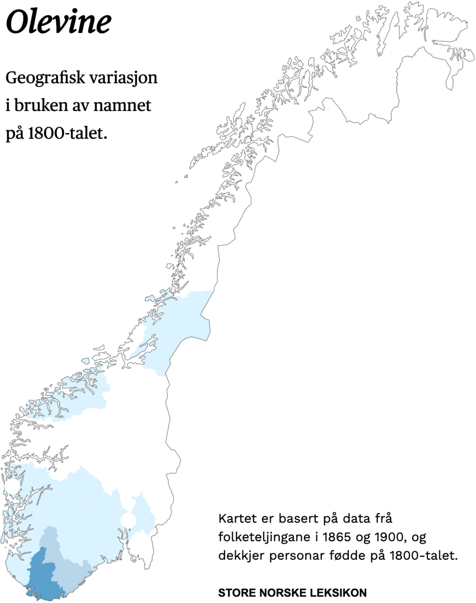 Geografisk variasjon i bruk av namnet Olevine på 1800-talet.
