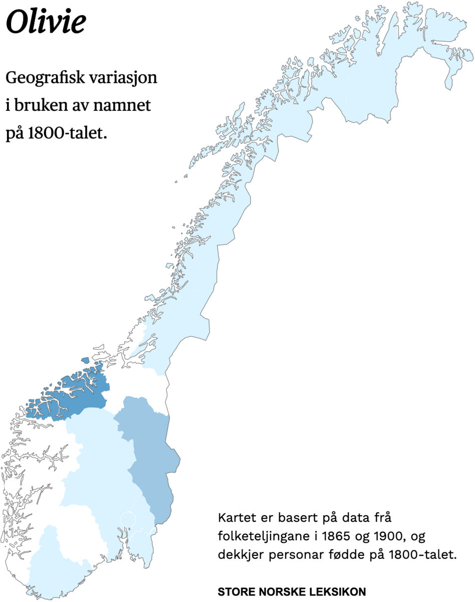 Geografisk variasjon i bruk av namnet Olivie på 1800-talet.