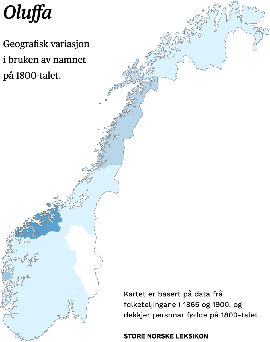 Geografisk variasjon i bruk av namnet Oluffa på 1800-talet.