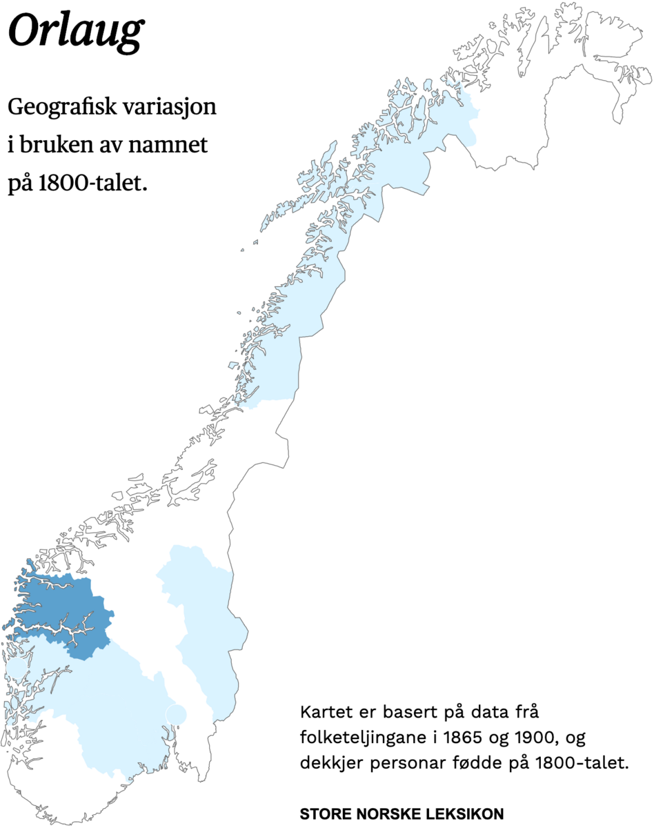 Geografisk variasjon i bruk av namnet Orlaug på 1800-talet.